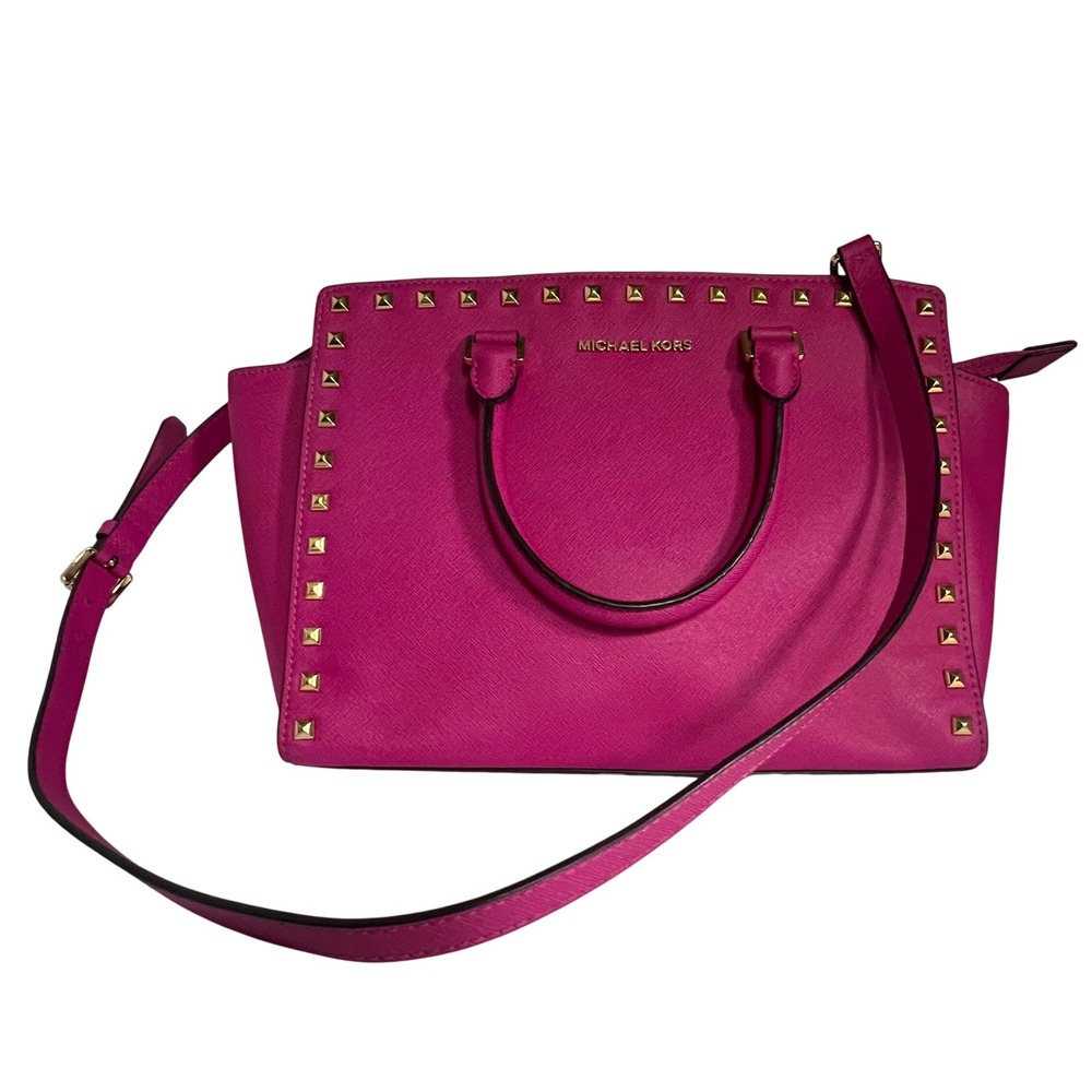 Michael Kors Selma Satchel Women Medium Magenta Pink Studded Saffiano Leather
